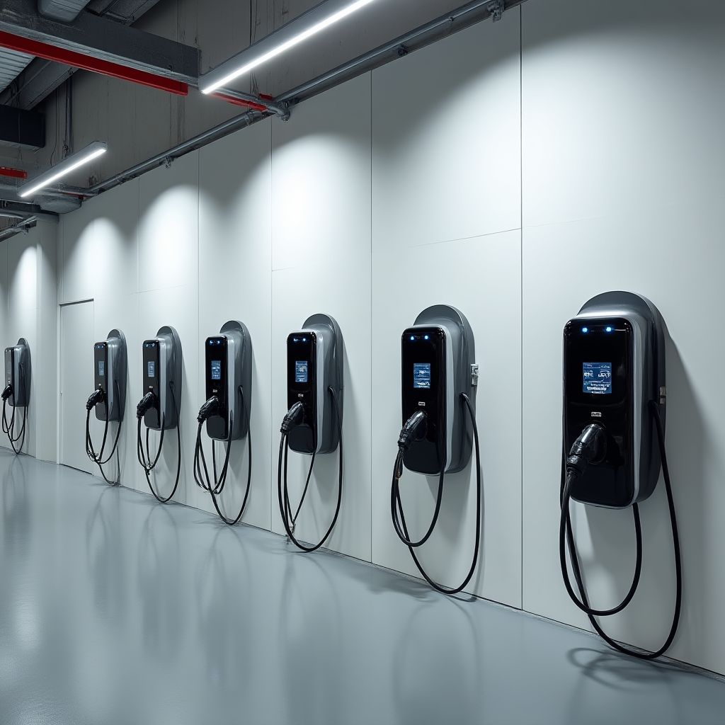 Estaciones de carga para vehículos eléctricos dentro del taller.