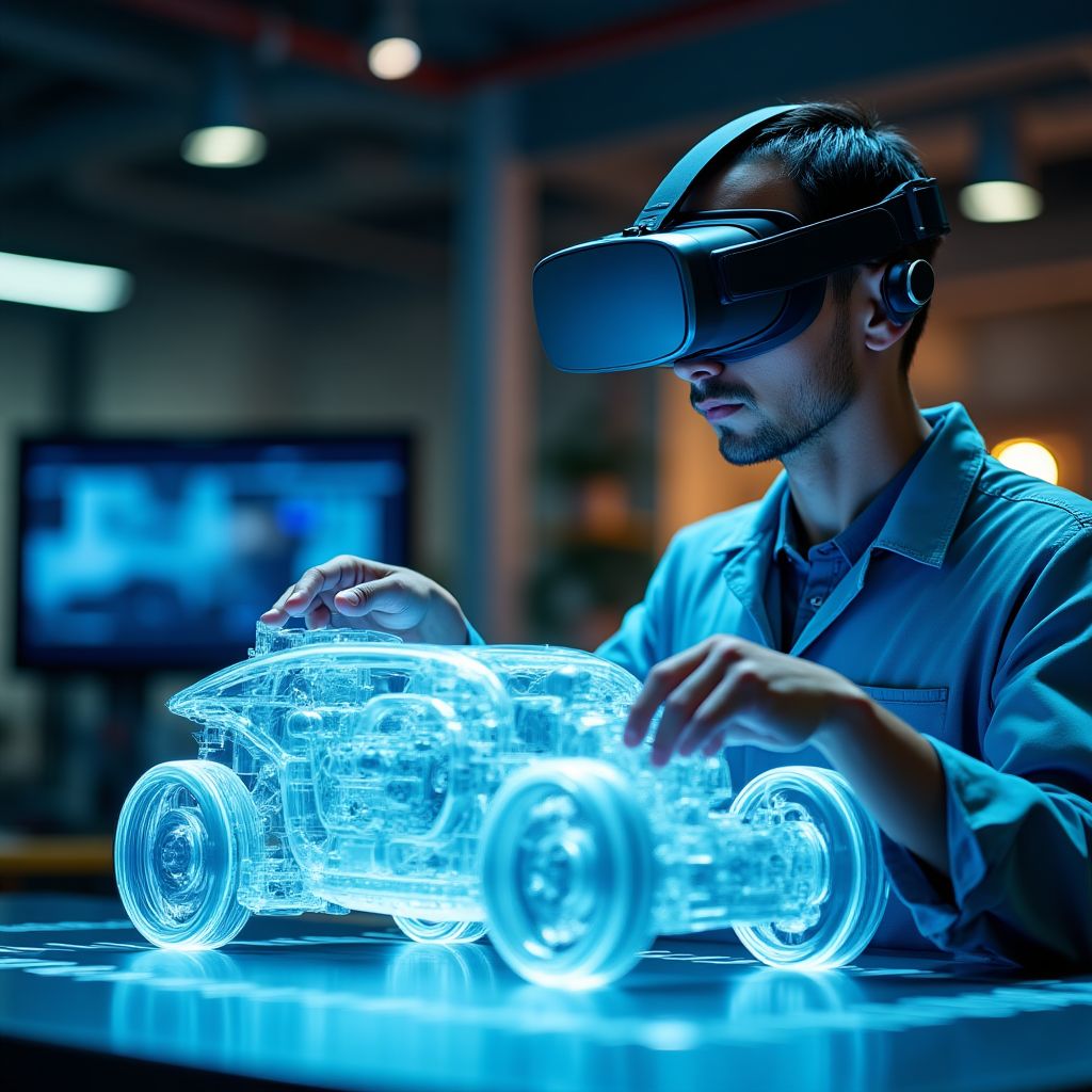 Un mecánico en formación usando un casco de realidad virtual para aprender a reparar un motor.