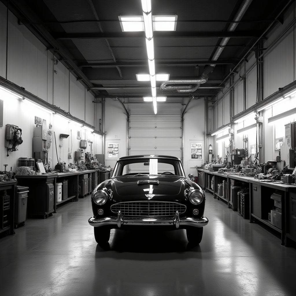 Collage de fotos que muestra la evolución de un taller de automóviles desde lo vintage hasta lo moderno.